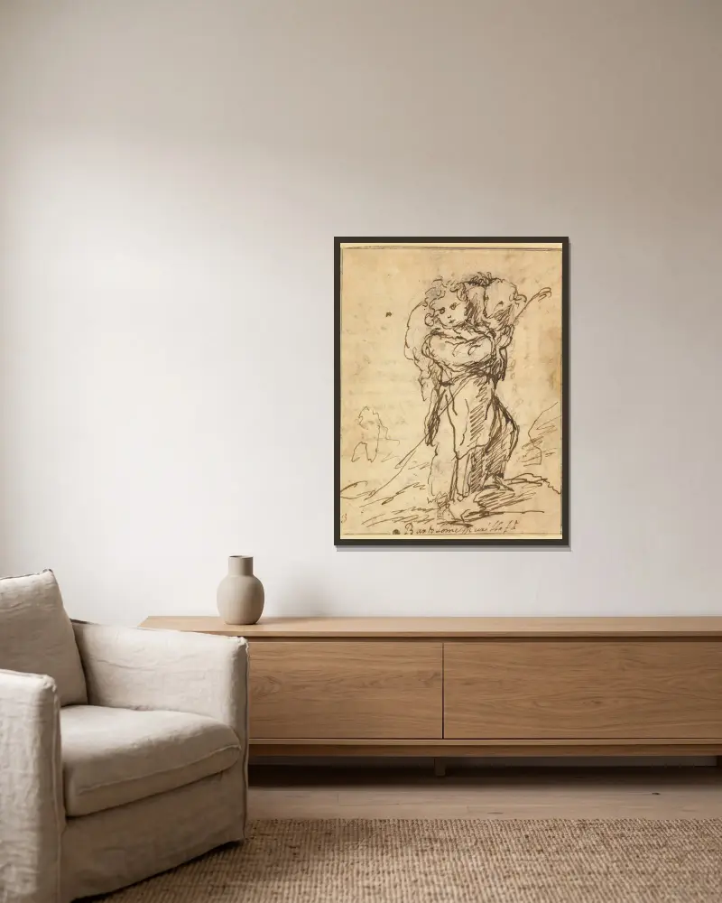 Kristusbarnet som den gode herden, 1675 – nr 1 av Bartolomé Estebán Murillo inramad på en vägg