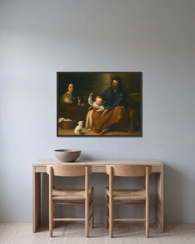 Den heliga familjen i en interiör av Bartolomé Estebán Murillo inramad på en vägg