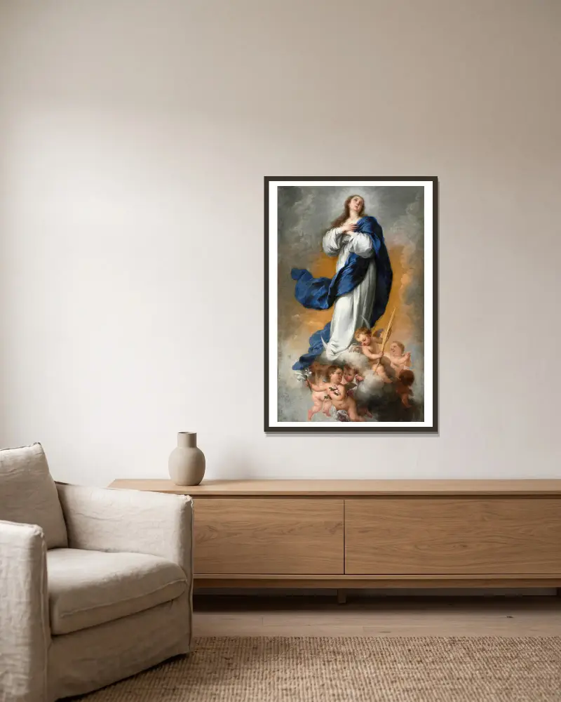 Die Unbefleckte Empfängnis, 1680 von Bartolomé Estebán Murillo gerahmt an einer Wand