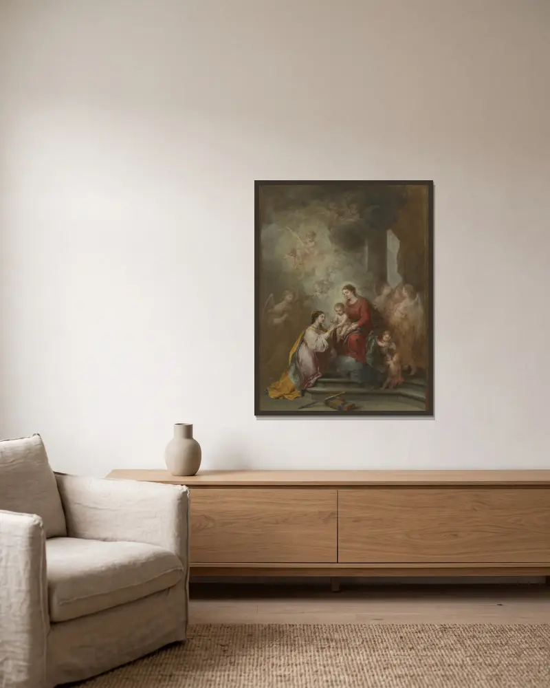 Die mystische Vermählung der heiligen Katharina von Bartolomé Estebán Murillo gerahmt an einer Wand