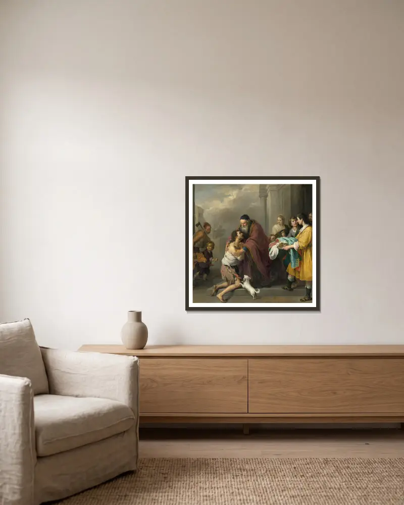 Den förlorade sonens återkomst av Bartolomé Estebán Murillo inramad på en vägg