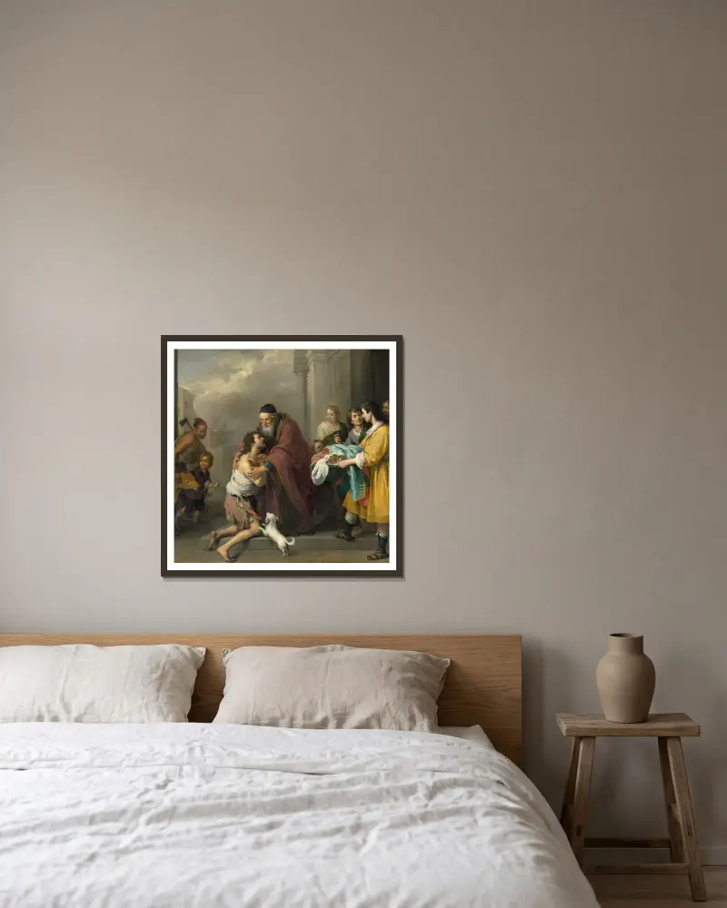 Den förlorade sonens återkomst av Bartolomé Estebán Murillo inramad på en vägg
