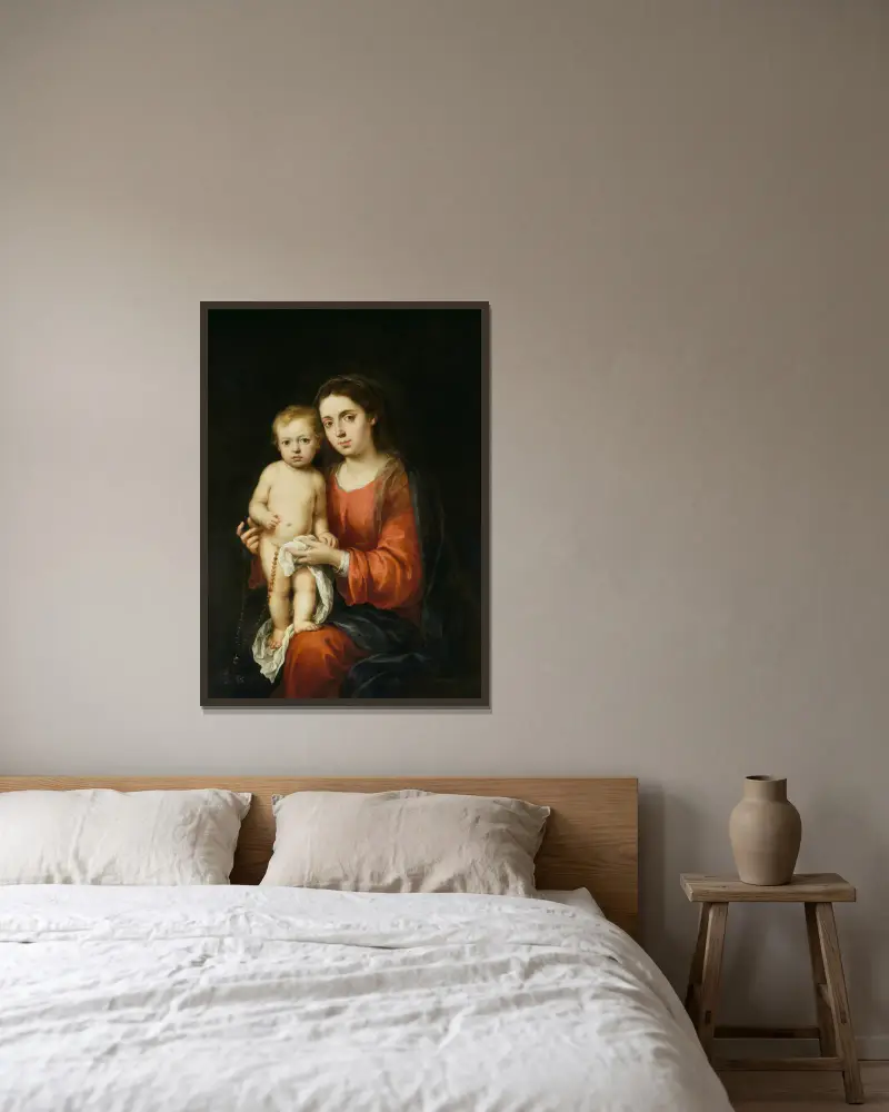 Jungfrun och barnet med ett radband av Bartolomé Estebán Murillo inramad på en vägg