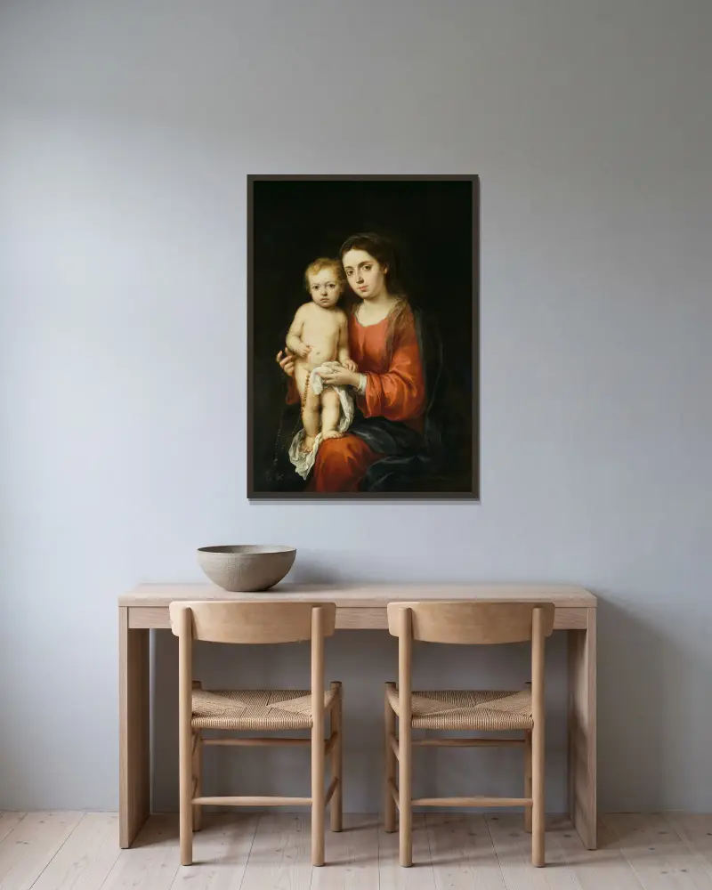 Jungfrun och barnet med ett radband av Bartolomé Estebán Murillo inramad på en vägg