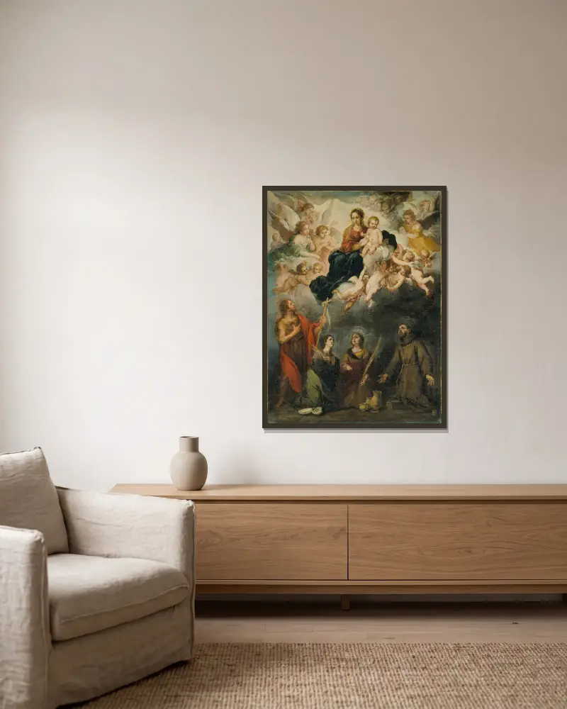 The Virgin and Child with Saints av Bartolomé Estebán Murillo inramad på en vägg
