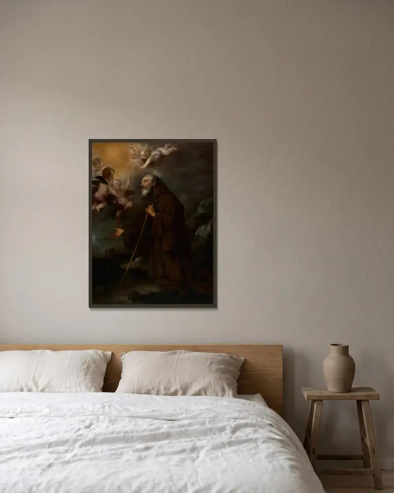 Sankt Franciskus av Paolas syn av Bartolomé Estebán Murillo inramad på en vägg