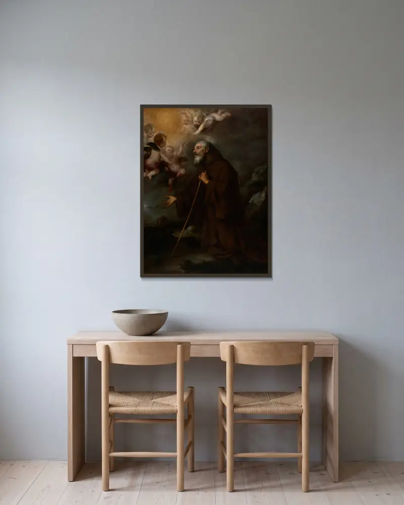 Sankt Franciskus av Paolas syn av Bartolomé Estebán Murillo inramad på en vägg