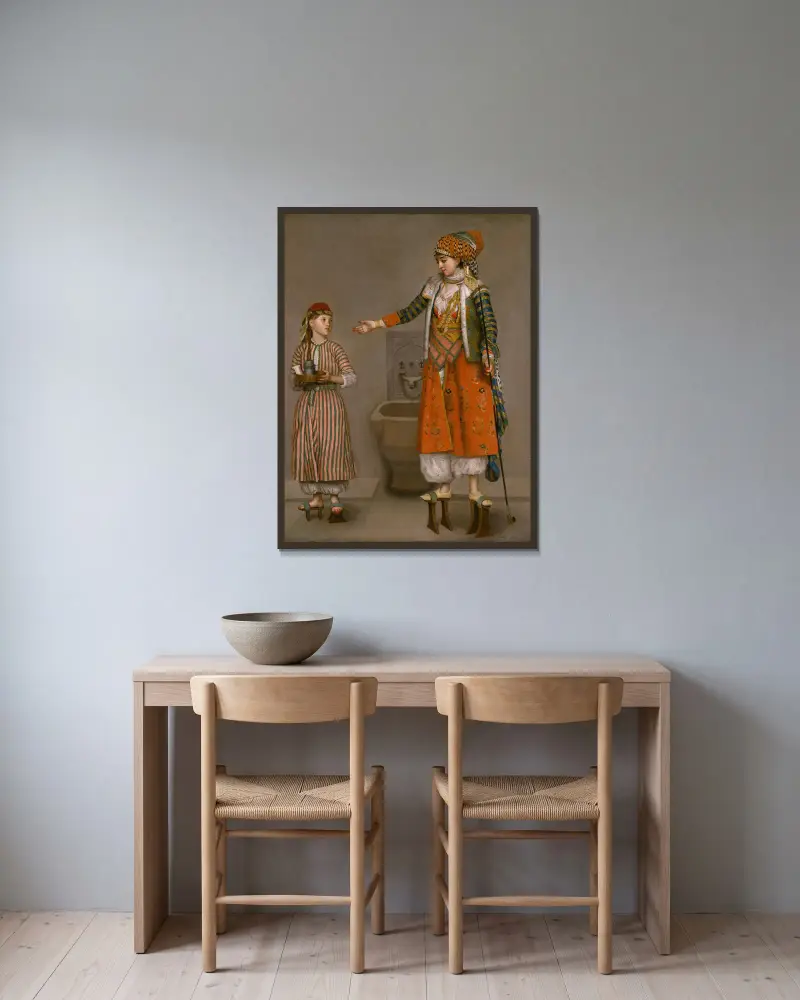 Dam i turkisk dräkt och hennes tjänare av Jean-Etienne Liotard inramad på en vägg