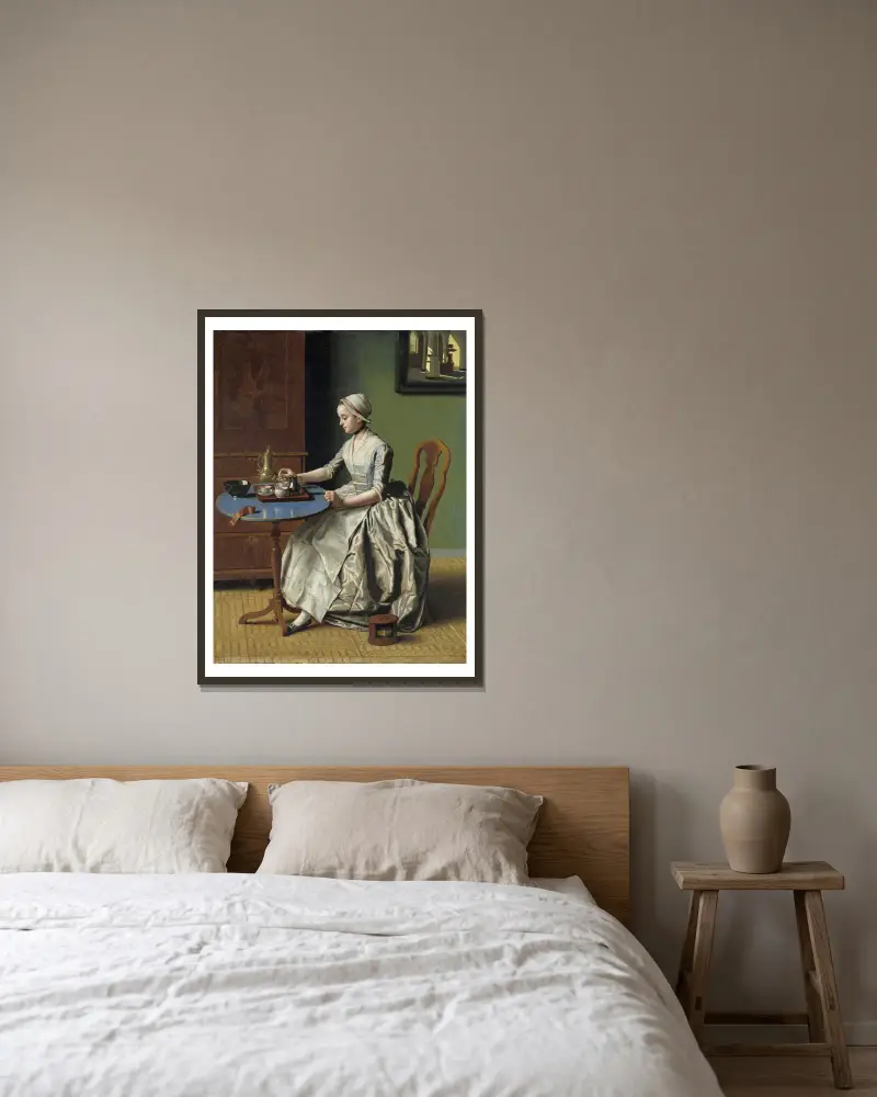 Holländsk flicka vid frukosten av Jean-Etienne Liotard inramad på en vägg