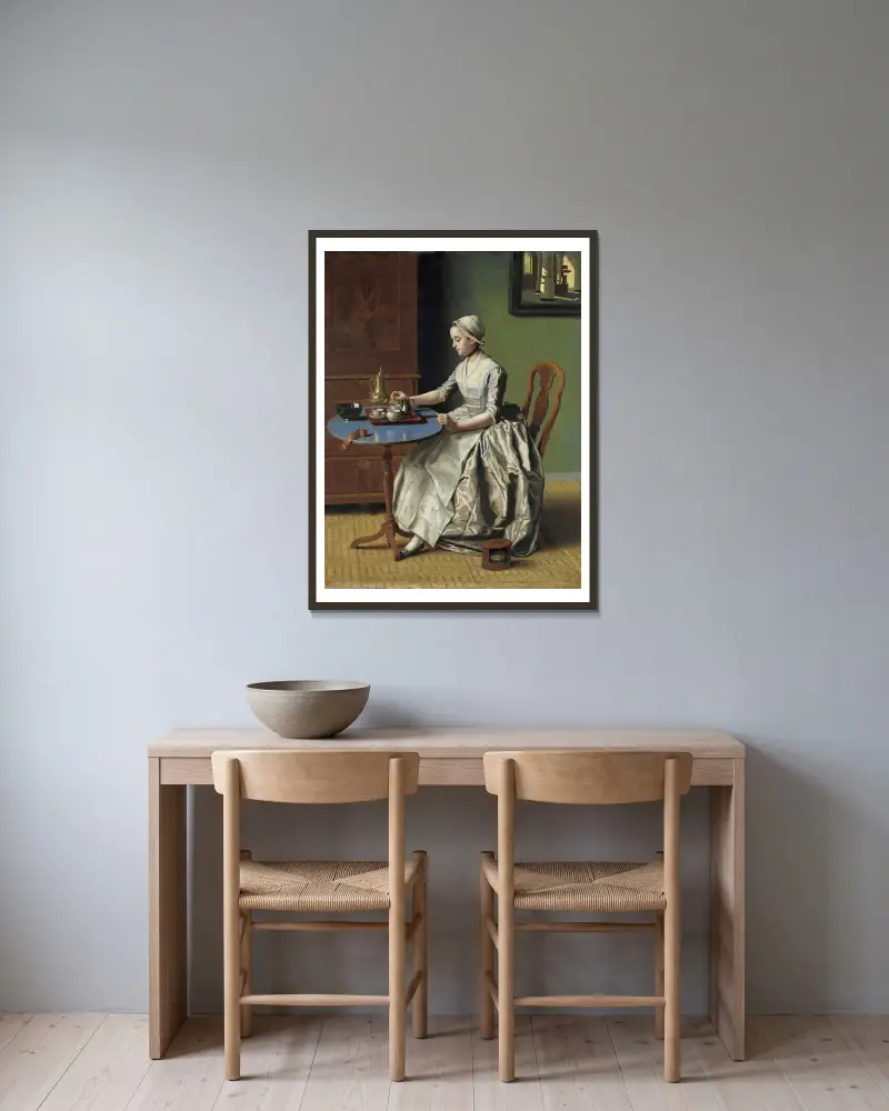 Holländsk flicka vid frukosten av Jean-Etienne Liotard inramad på en vägg