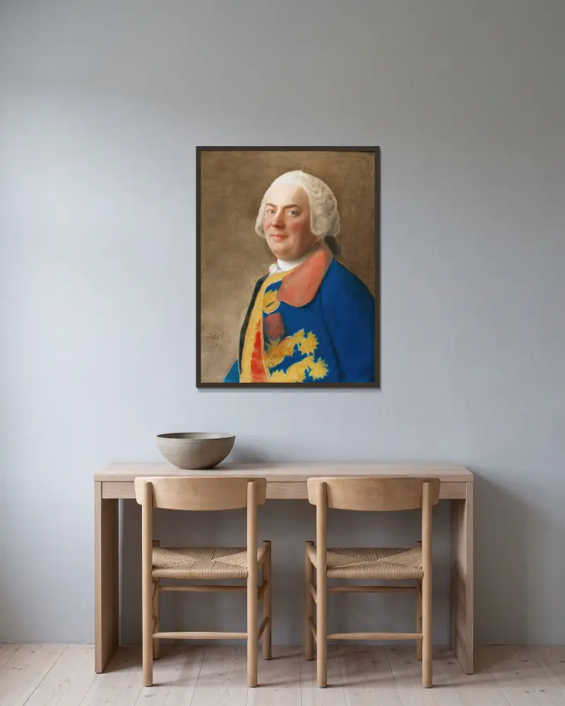 Porträtt av en officer med den Helige Andes orden av Jean-Etienne Liotard inramad på en vägg