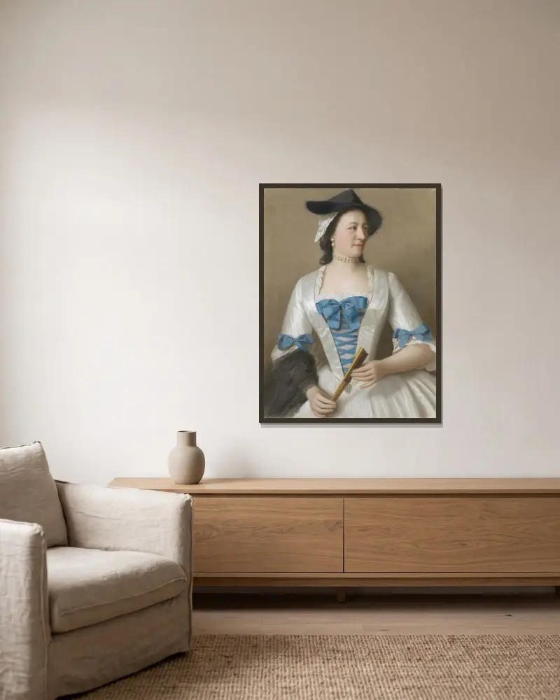 Portrait of Jeanne-Elisabeth Sellon, Lady Tyrell av Jean-Etienne Liotard inramad på en vägg