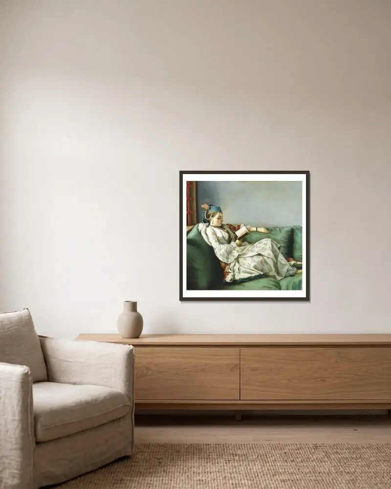 Porträtt av Maria Adelaide av Frankrike i turkisk klädsel av Jean-Etienne Liotard inramad på en vägg