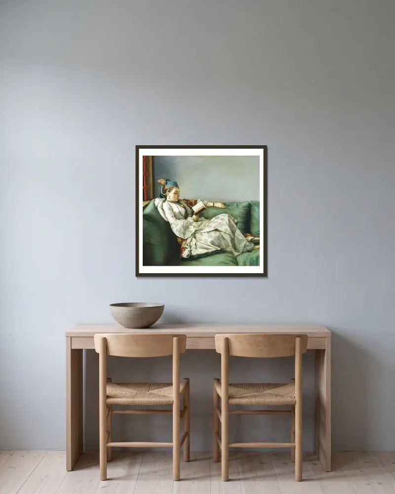 Porträtt av Maria Adelaide av Frankrike i turkisk klädsel av Jean-Etienne Liotard inramad på en vägg