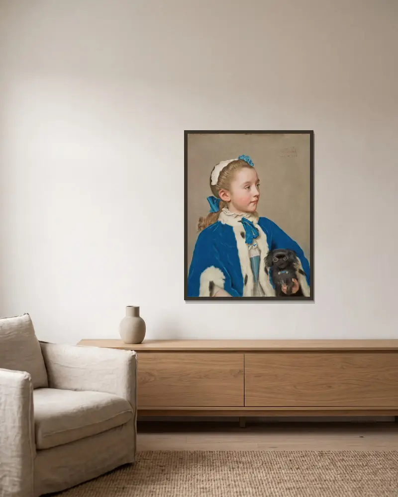 Porträtt av Maria Frederike van Reede-Athlone vid sju års ålder av Jean-Etienne Liotard inramad på en vägg