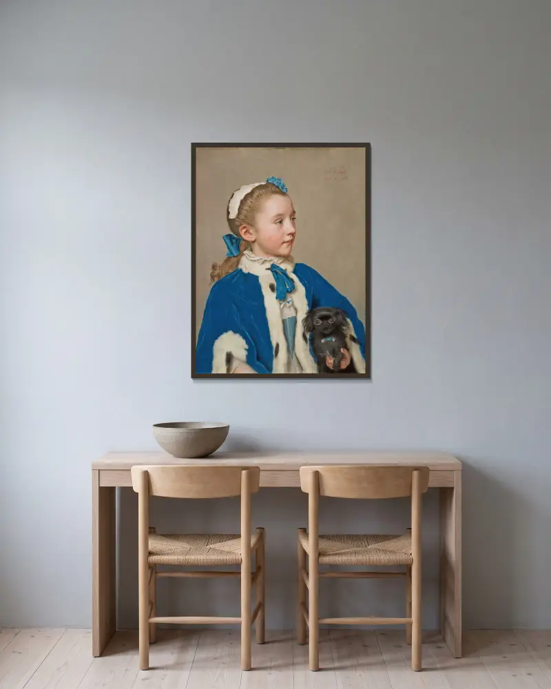 Porträtt av Maria Frederike van Reede-Athlone vid sju års ålder av Jean-Etienne Liotard inramad på en vägg