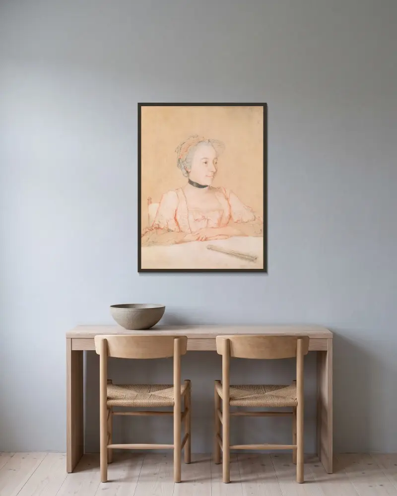 Porträtt av Maria Josepha, furstinna von Clary und Aldringen av Jean-Etienne Liotard inramad på en vägg