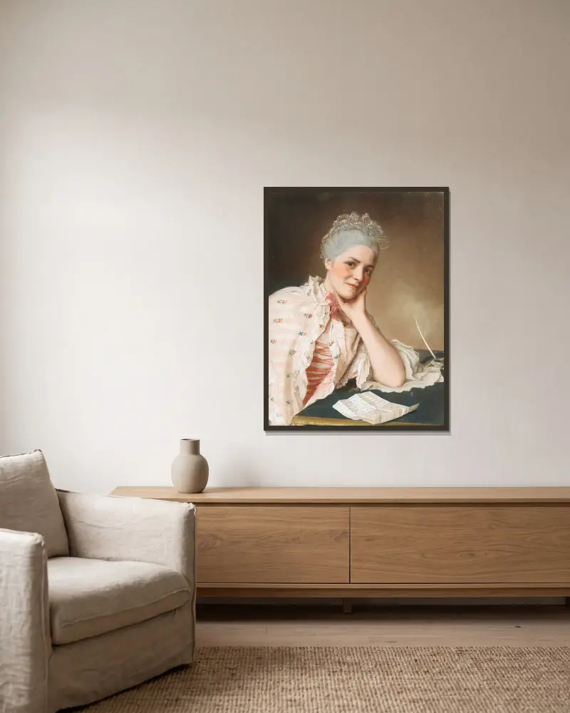 Porträtt av Mrs Jacquet av Jean-Etienne Liotard inramad på en vägg