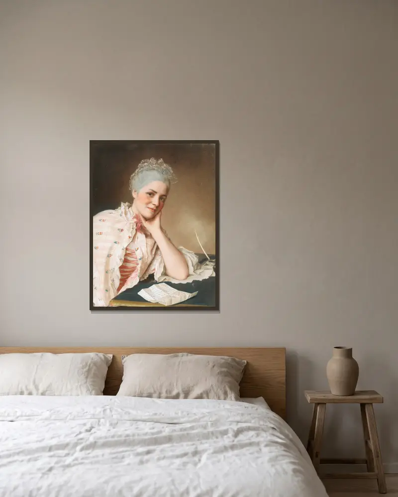 Porträtt av Mrs Jacquet av Jean-Etienne Liotard inramad på en vägg