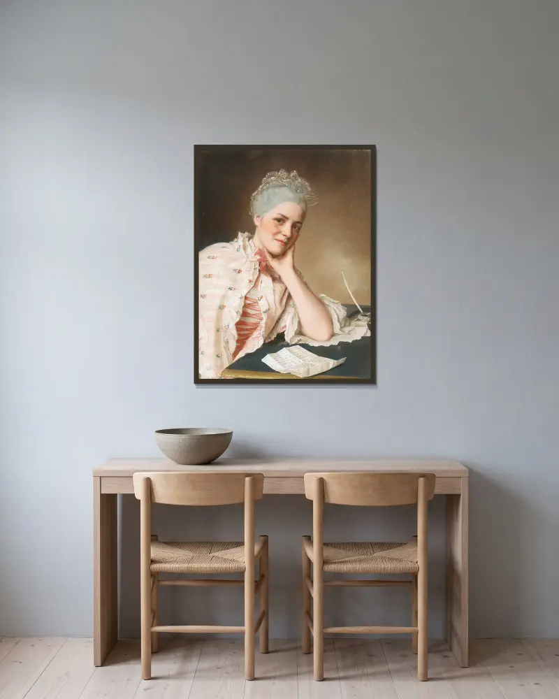 Porträtt av Mrs Jacquet av Jean-Etienne Liotard inramad på en vägg