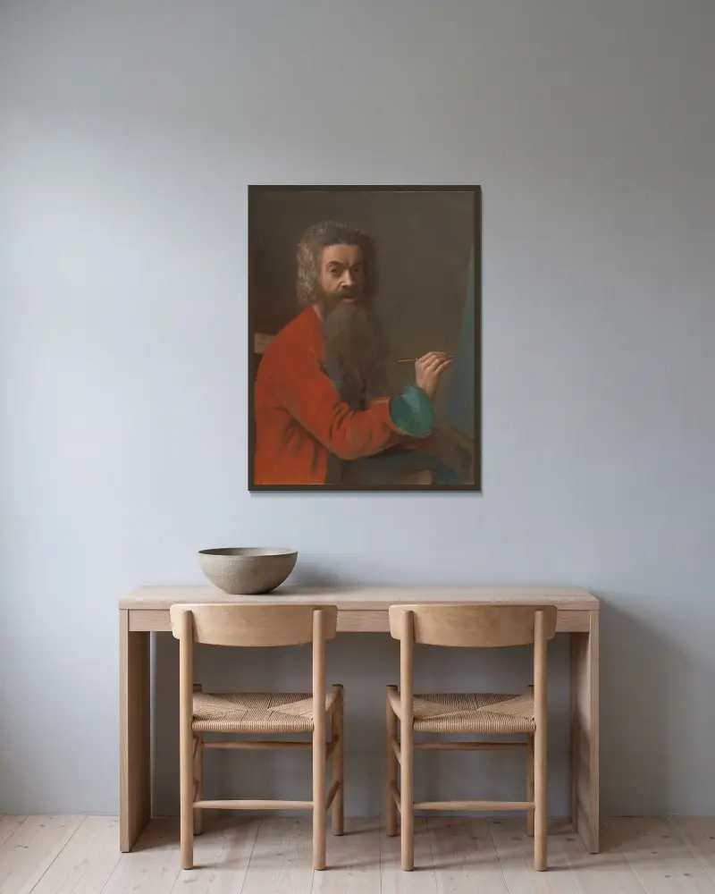 Självporträtt i turkisk dräkt av Jean-Etienne Liotard inramad på en vägg