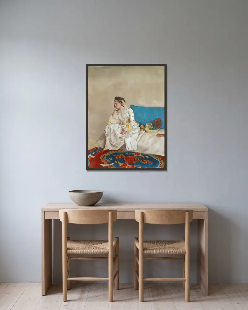 Kvinna i turkisk dräkt, sittande på en soffa av Jean-Etienne Liotard inramad på en vägg