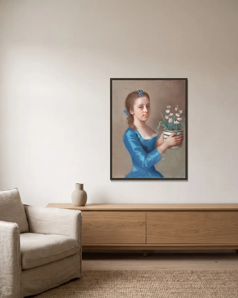 Junge Frau mit einem Hyazinthentopf von Jean-Etienne Liotard gerahmt an einer Wand