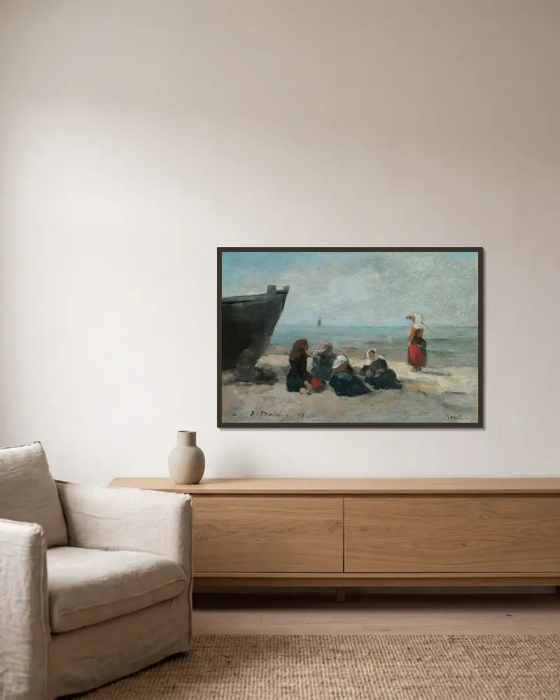 Berck. Fiskekvinnor som väntar på båtarnas återkomst av Eugène Boudin inramad på en vägg