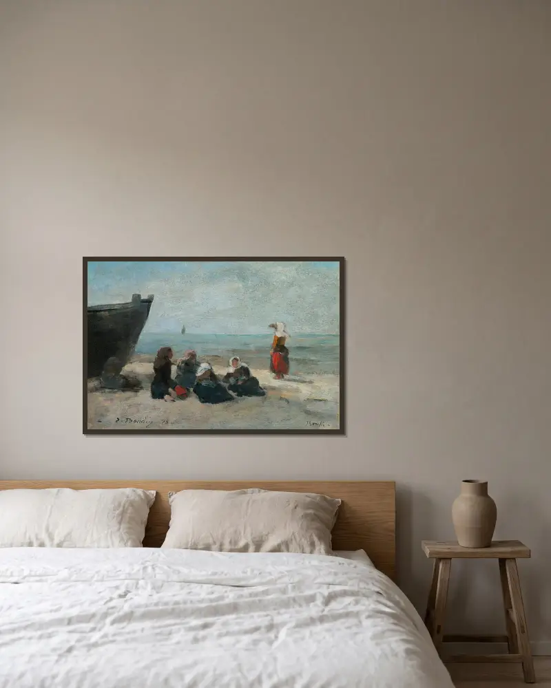 Berck. Fiskekvinnor som väntar på båtarnas återkomst av Eugène Boudin inramad på en vägg