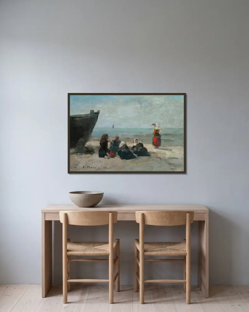 Berck. Fiskekvinnor som väntar på båtarnas återkomst av Eugène Boudin inramad på en vägg