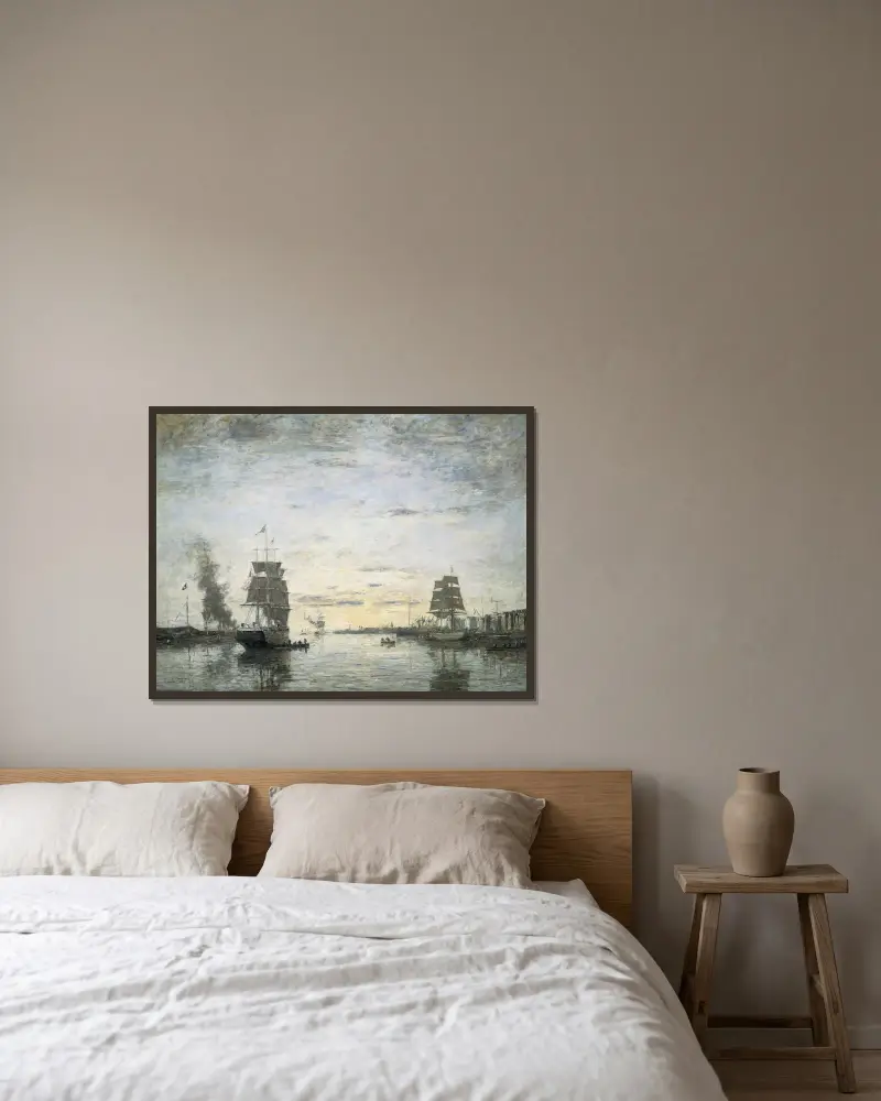 Inloppet till hamnen, Le Havre av Eugène Boudin inramad på en vägg