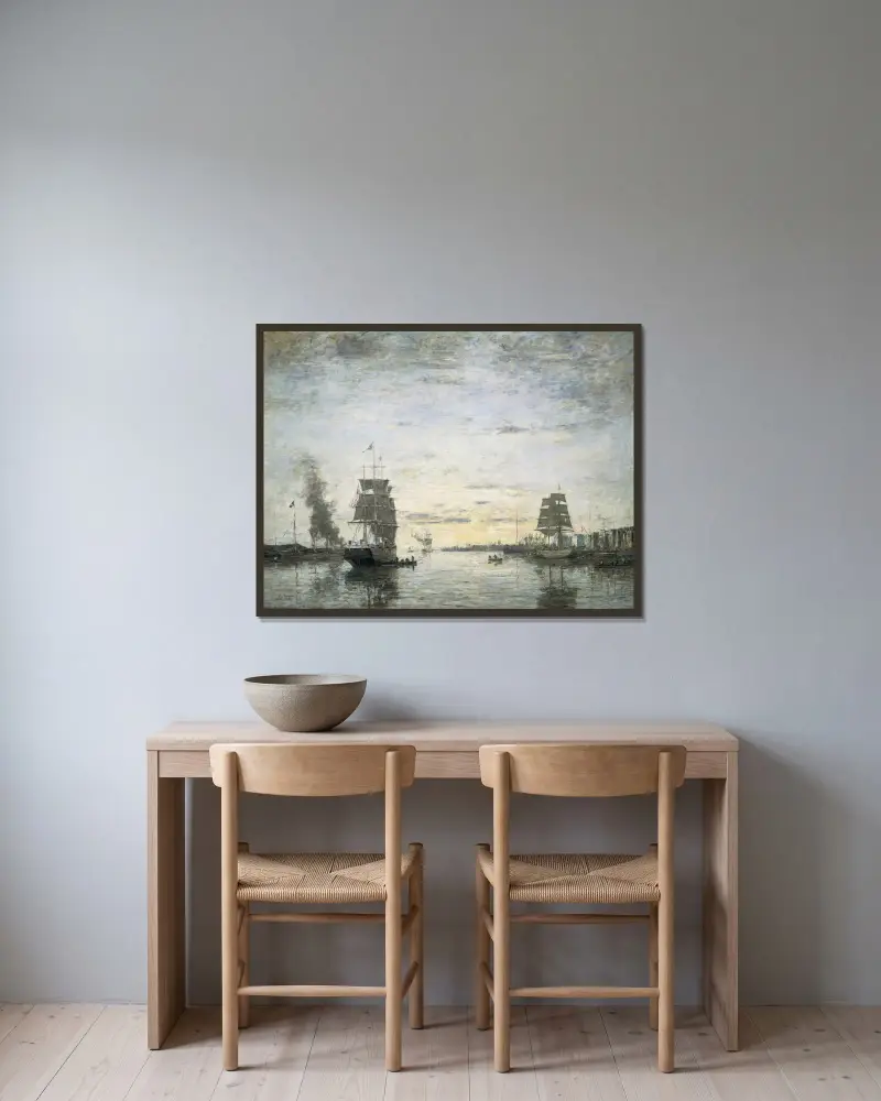 Inloppet till hamnen, Le Havre av Eugène Boudin inramad på en vägg