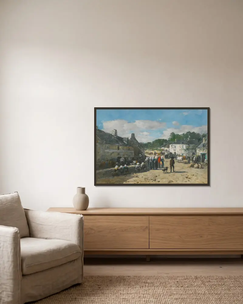Markttag in der Bretagne von Eugène Boudin gerahmt an einer Wand