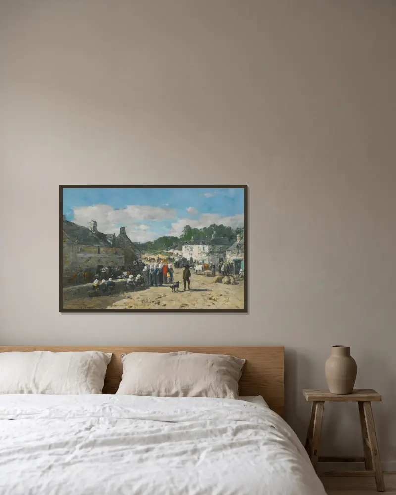 Markttag in der Bretagne von Eugène Boudin gerahmt an einer Wand
