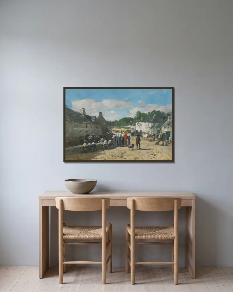 Markttag in der Bretagne von Eugène Boudin gerahmt an einer Wand