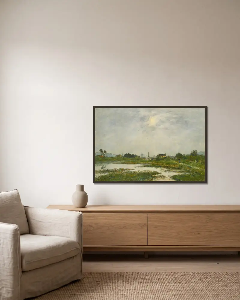 Touques strand vid springflod av Eugène Boudin inramad på en vägg