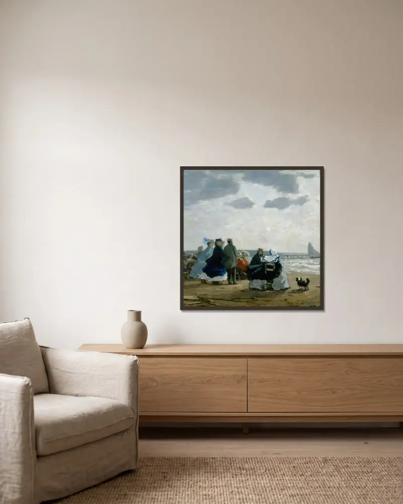 On the Beach, Dieppe av Eugène Boudin inramad på en vägg