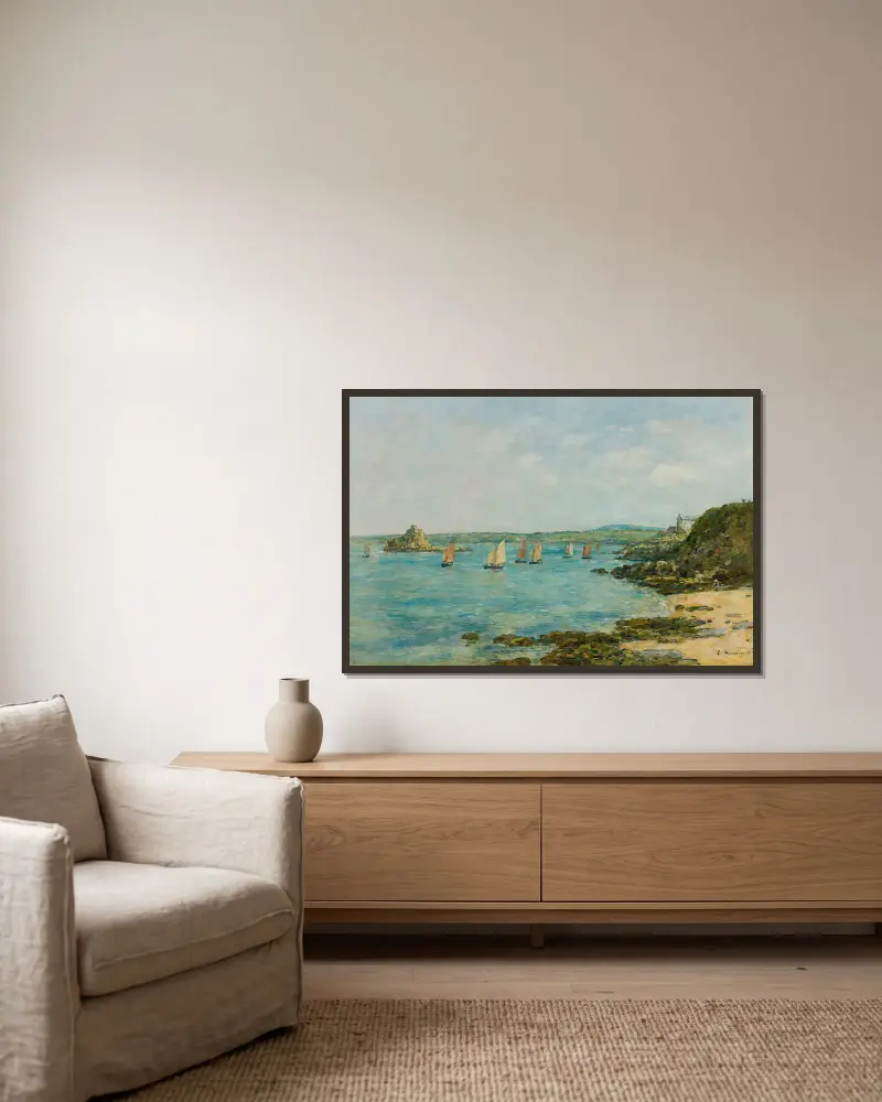 Douarnenez strand. Fiskebåtar i bukten av Eugène Boudin inramad på en vägg