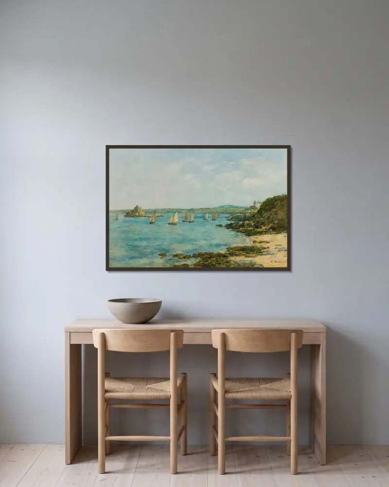 Douarnenez strand. Fiskebåtar i bukten av Eugène Boudin inramad på en vägg