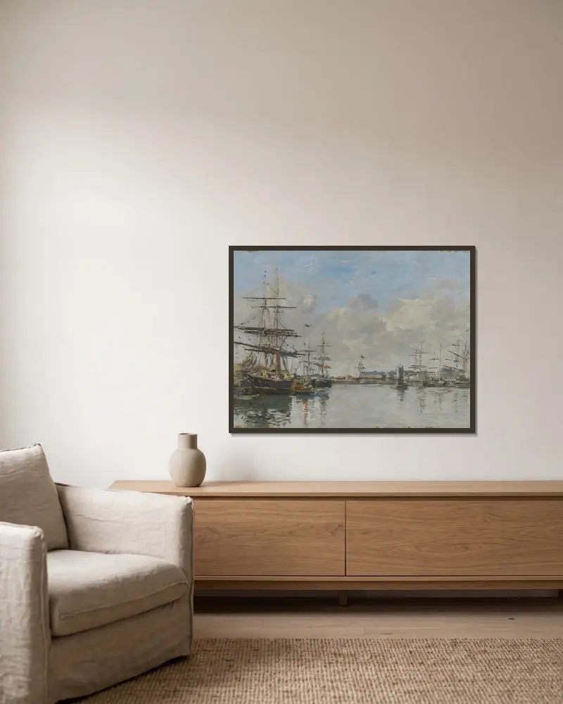 Hamnen i Le Havre av Eugène Boudin inramad på en vägg