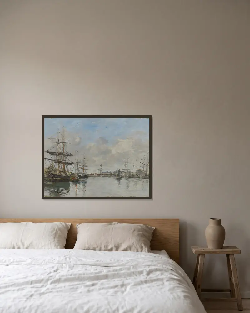Hamnen i Le Havre av Eugène Boudin inramad på en vägg