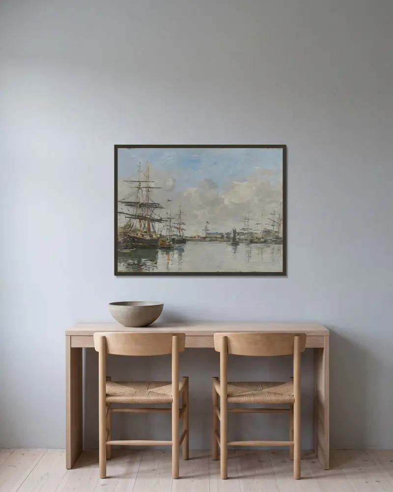 Hamnen i Le Havre av Eugène Boudin inramad på en vägg