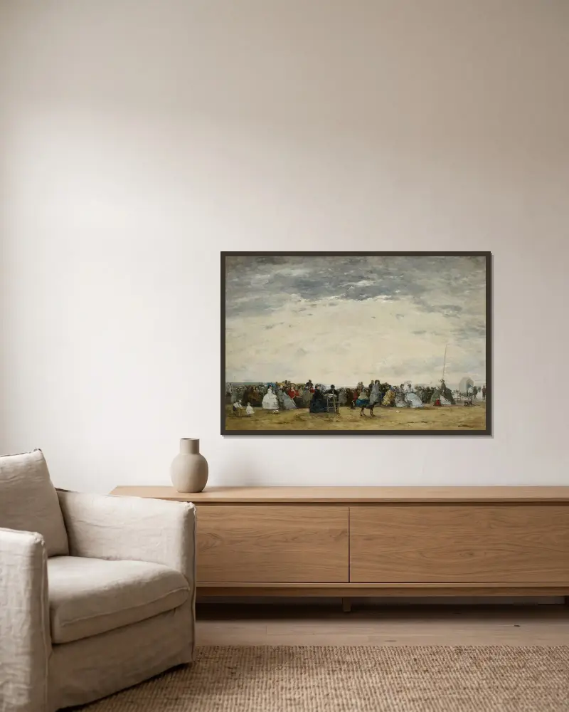 Semesterfirare på stranden i Trouville av Eugène Boudin inramad på en vägg