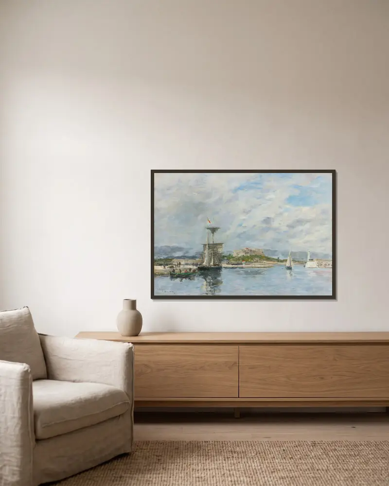 Utsikt över hamnen i Antibes. Kajen, morgon av Eugène Boudin inramad på en vägg
