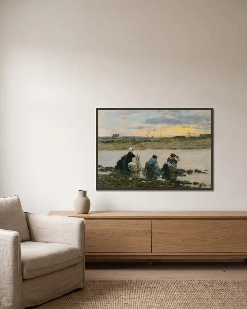 Wäscherinnen am Fluss von Eugène Boudin gerahmt an einer Wand