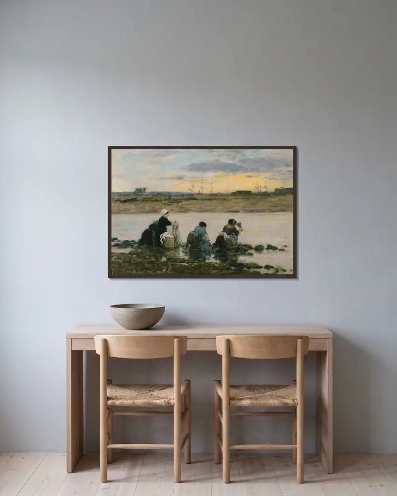 Wäscherinnen am Fluss von Eugène Boudin gerahmt an einer Wand