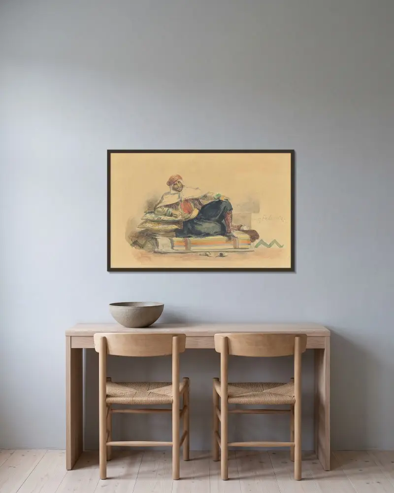 Ein Berber auf einer niedrigen Couch sitzend von Eugène Delacroix gerahmt an einer Wand