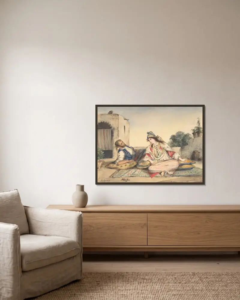 Ett marockanskt par på sin terrass av Eugène Delacroix inramad på en vägg