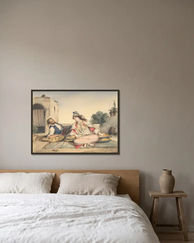 Ett marockanskt par på sin terrass av Eugène Delacroix inramad på en vägg