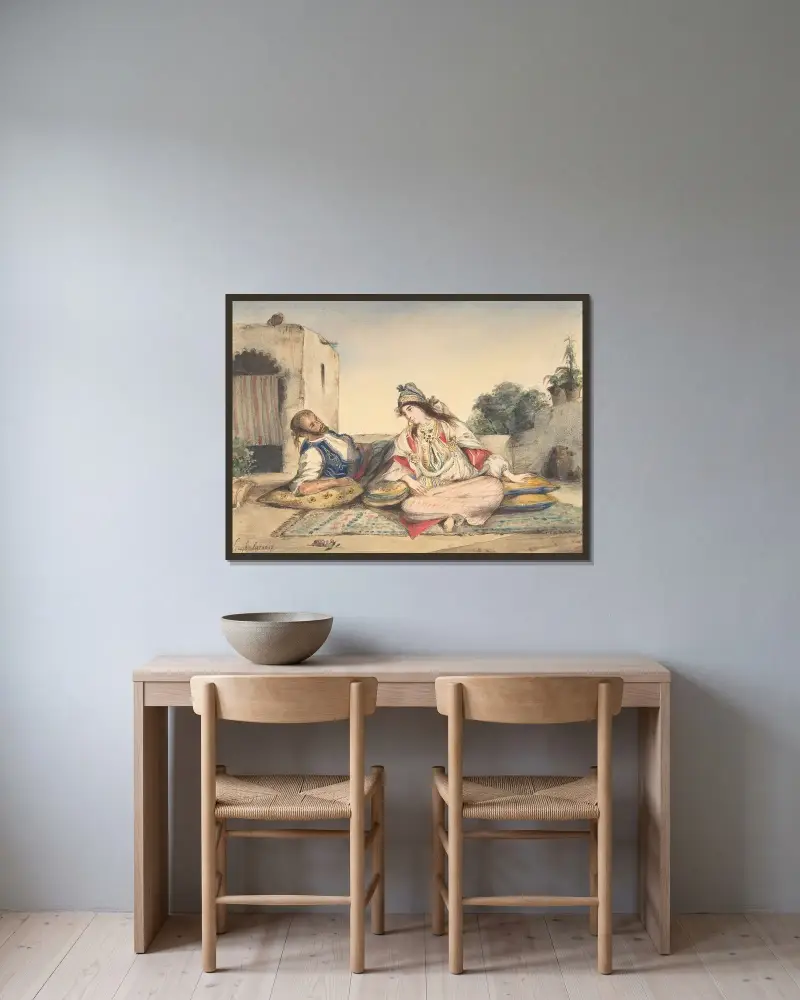 Ett marockanskt par på sin terrass av Eugène Delacroix inramad på en vägg